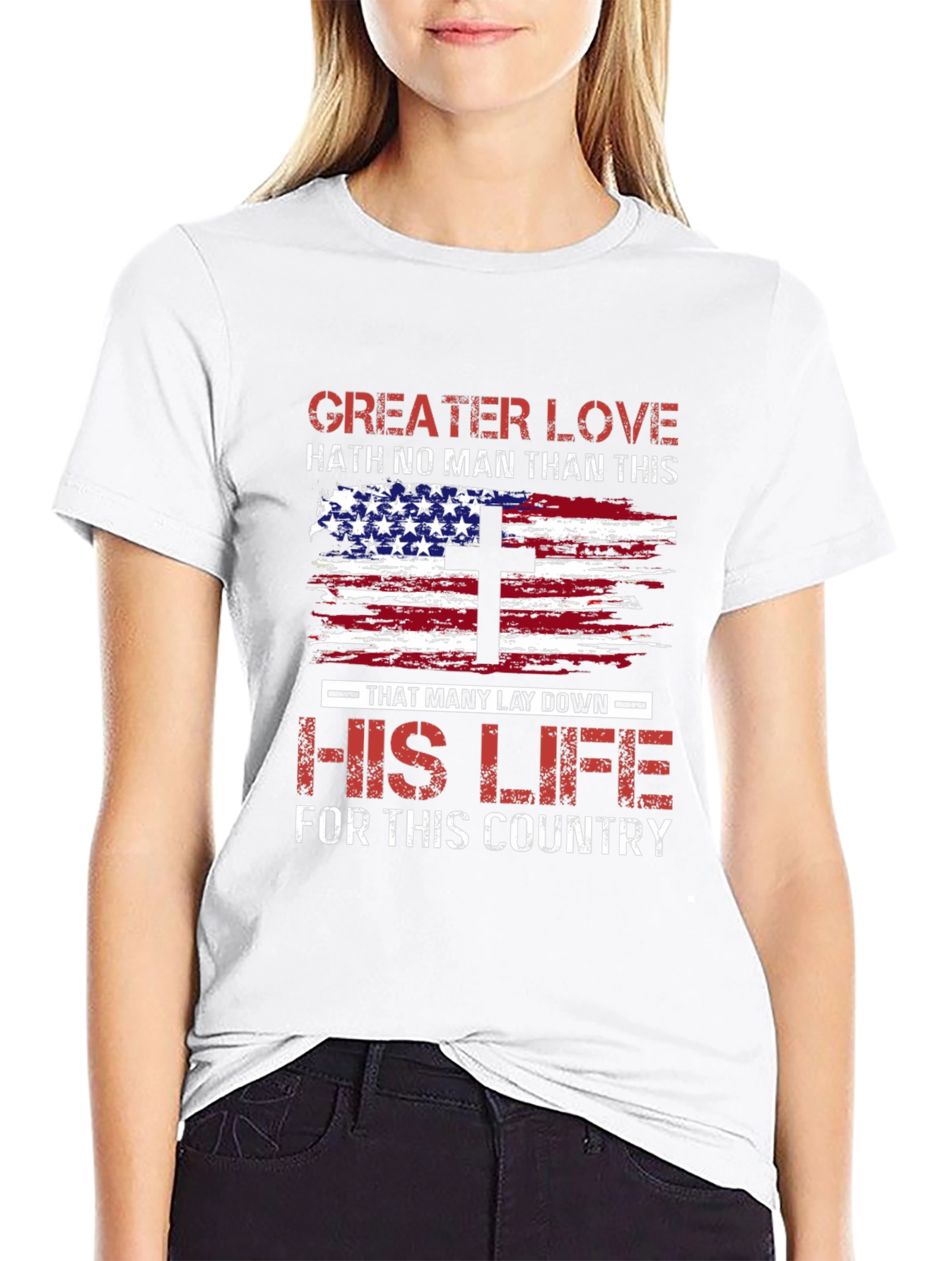 Patriotic Christian T-Shirt: Greater Love American Flag Cross