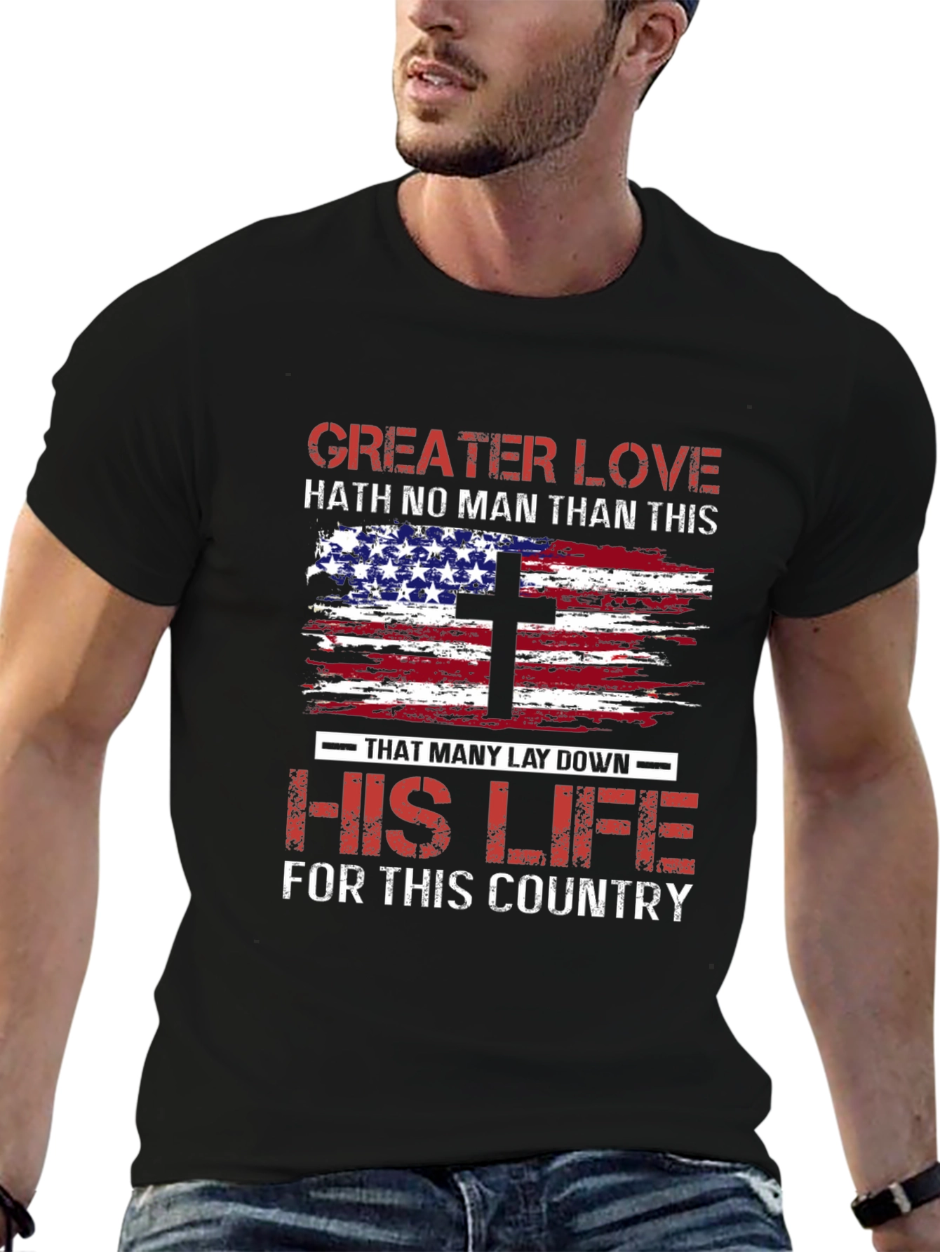 Patriotic Christian T-Shirt: Greater Love American Flag Cross