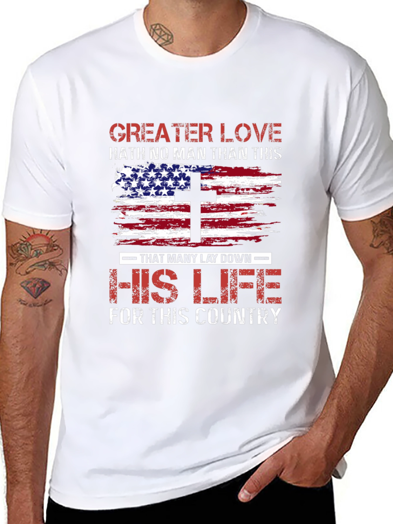 Patriotic Christian T-Shirt: Greater Love American Flag Cross