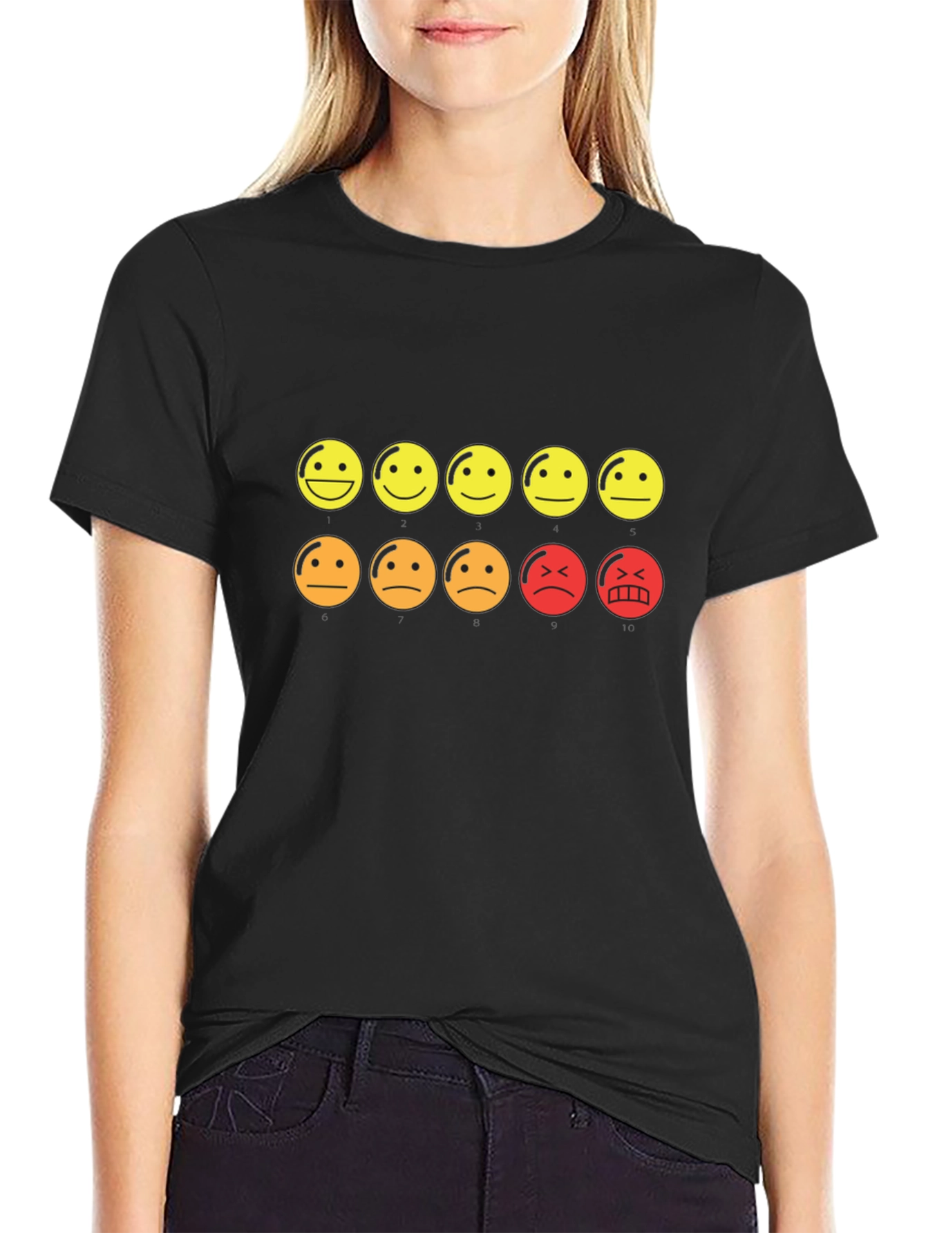 Mood Rating Smiley Face Graphic Tee - Black Cotton
