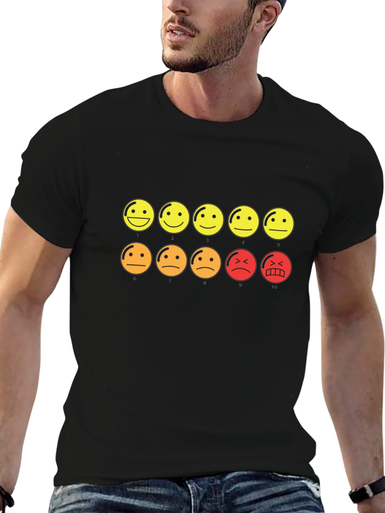 Mood Rating Smiley Face Graphic Tee - Black Cotton
