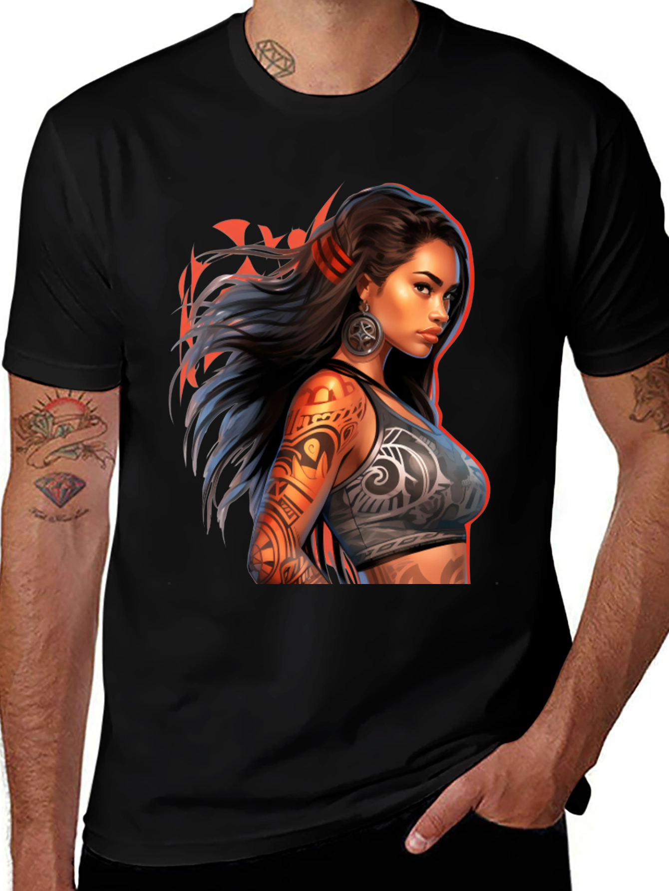 Tribal Tattoo Woman Graphic Tee - Black