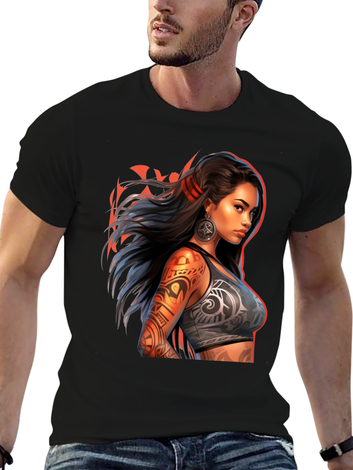 Tribal Tattoo Woman Graphic Tee - Black