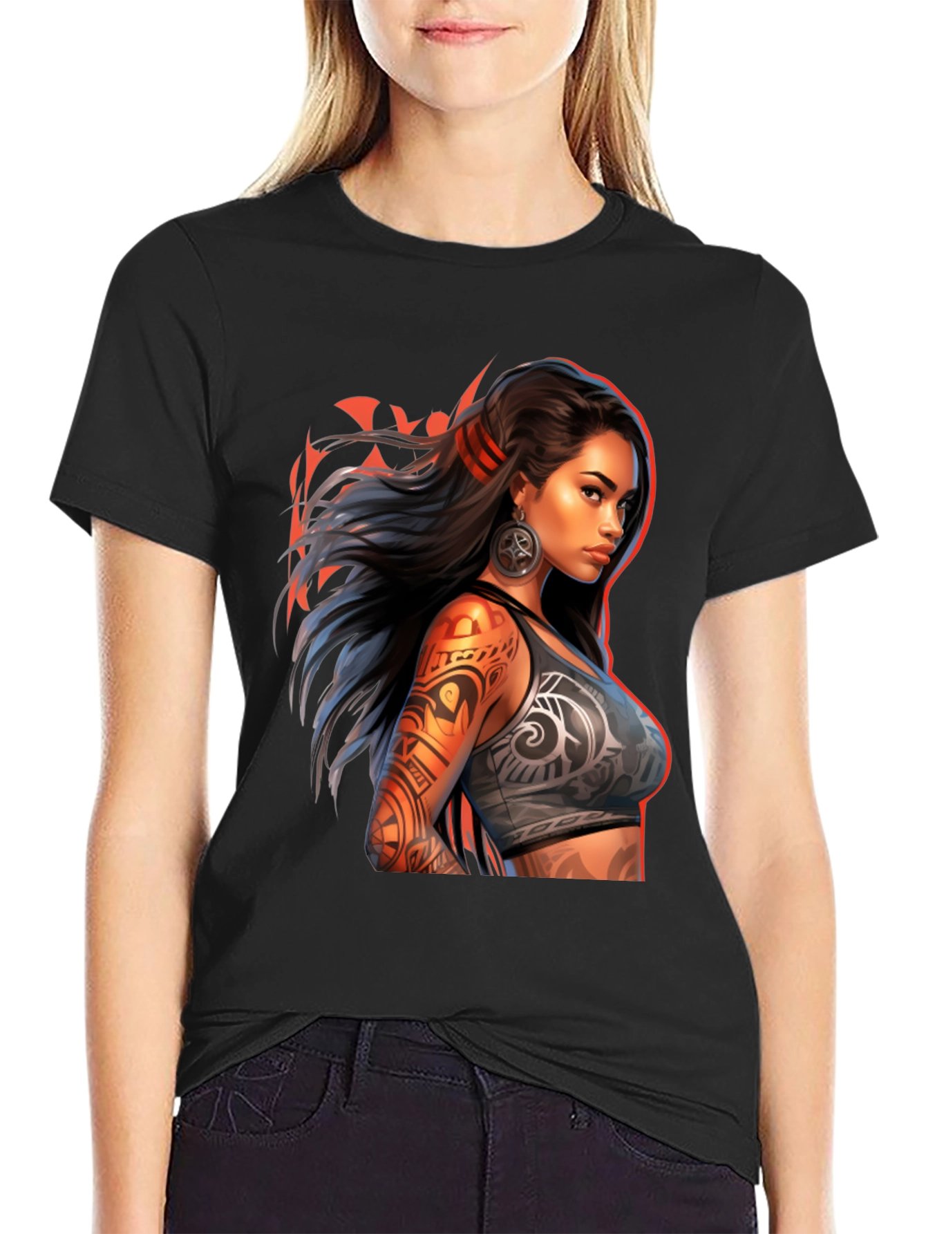 Tribal Tattoo Woman Graphic Tee - Black