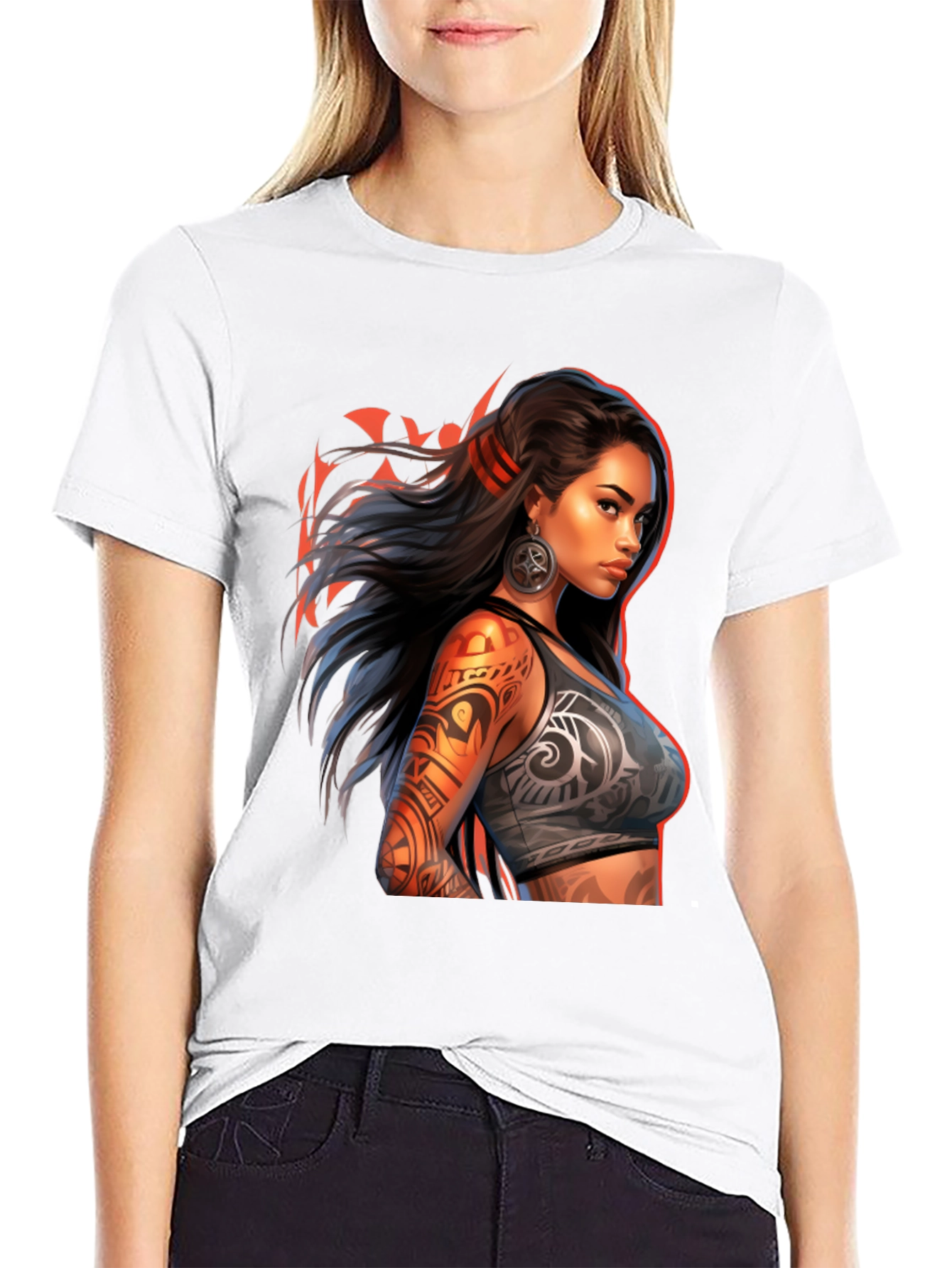 Tribal Tattoo Woman Graphic Tee - Black