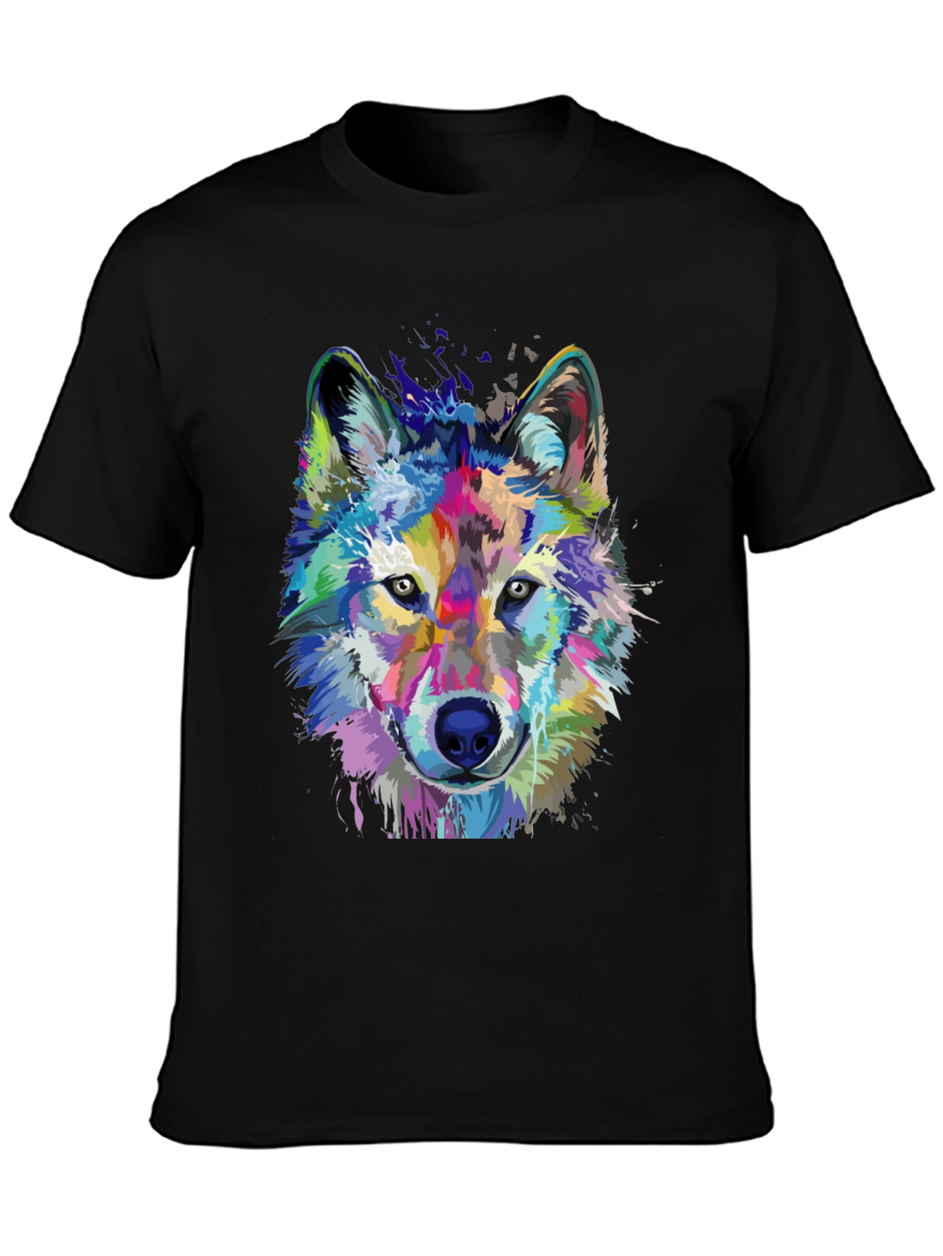 Vibrant Wolf Graphic Print Black T-Shirt