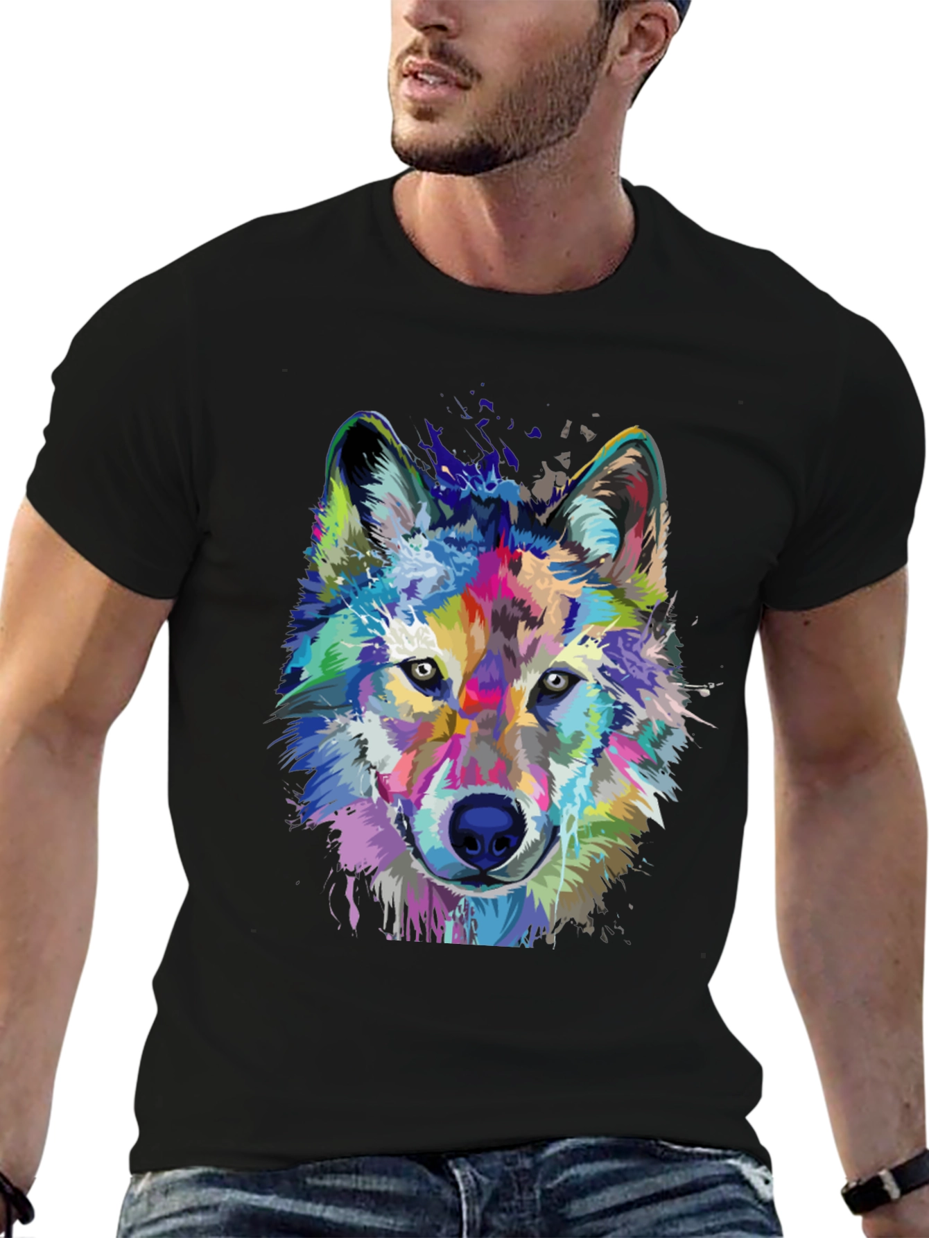 Vibrant Wolf Graphic Print Black T-Shirt