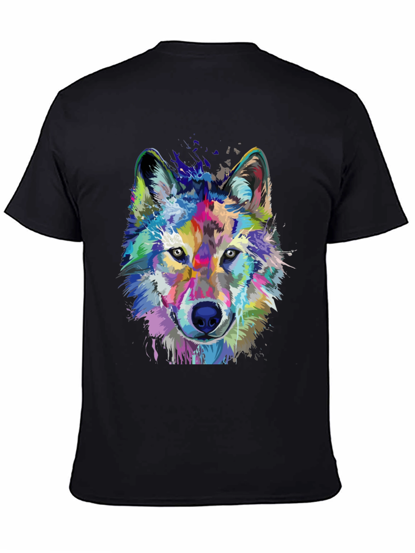 Vibrant Wolf Graphic Print Black T-Shirt