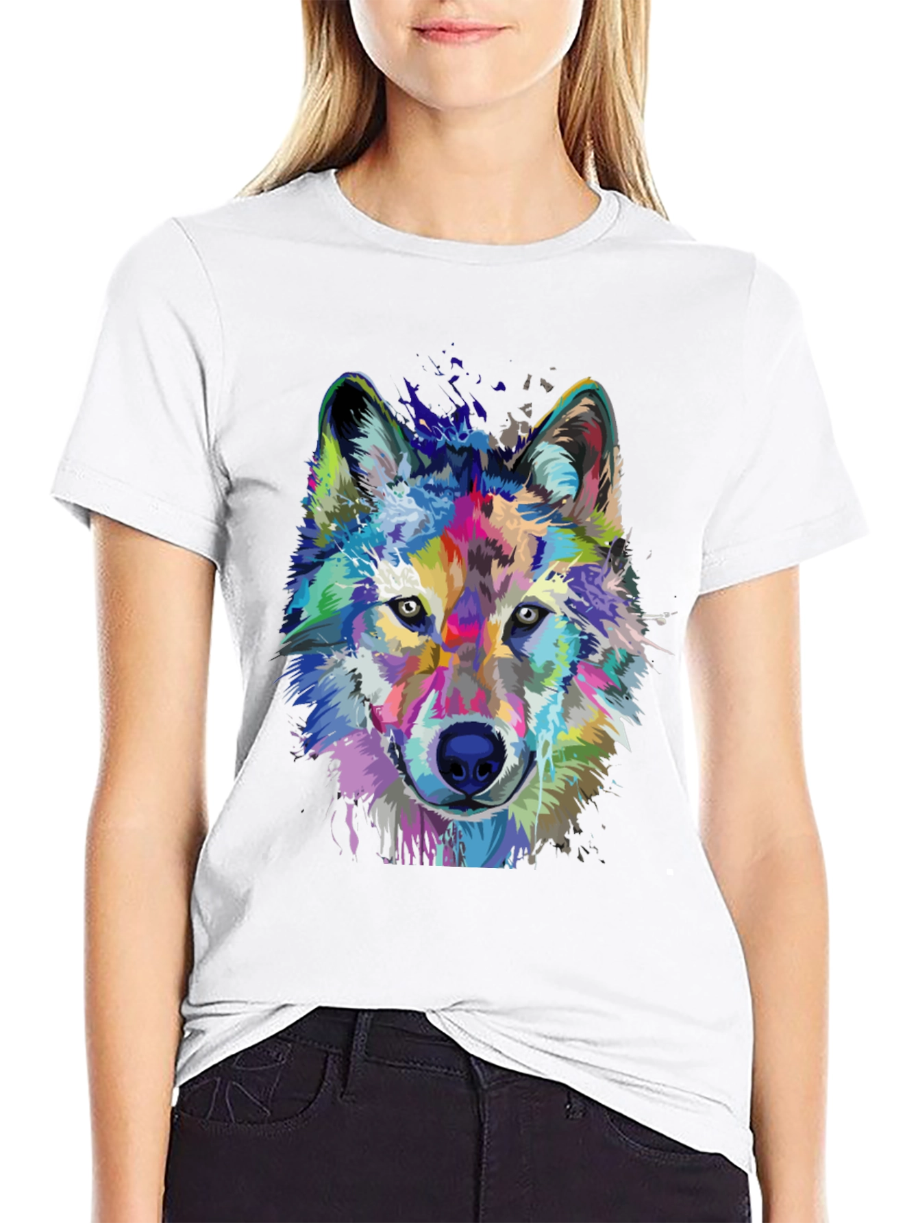 Vibrant Wolf Graphic Print Black T-Shirt