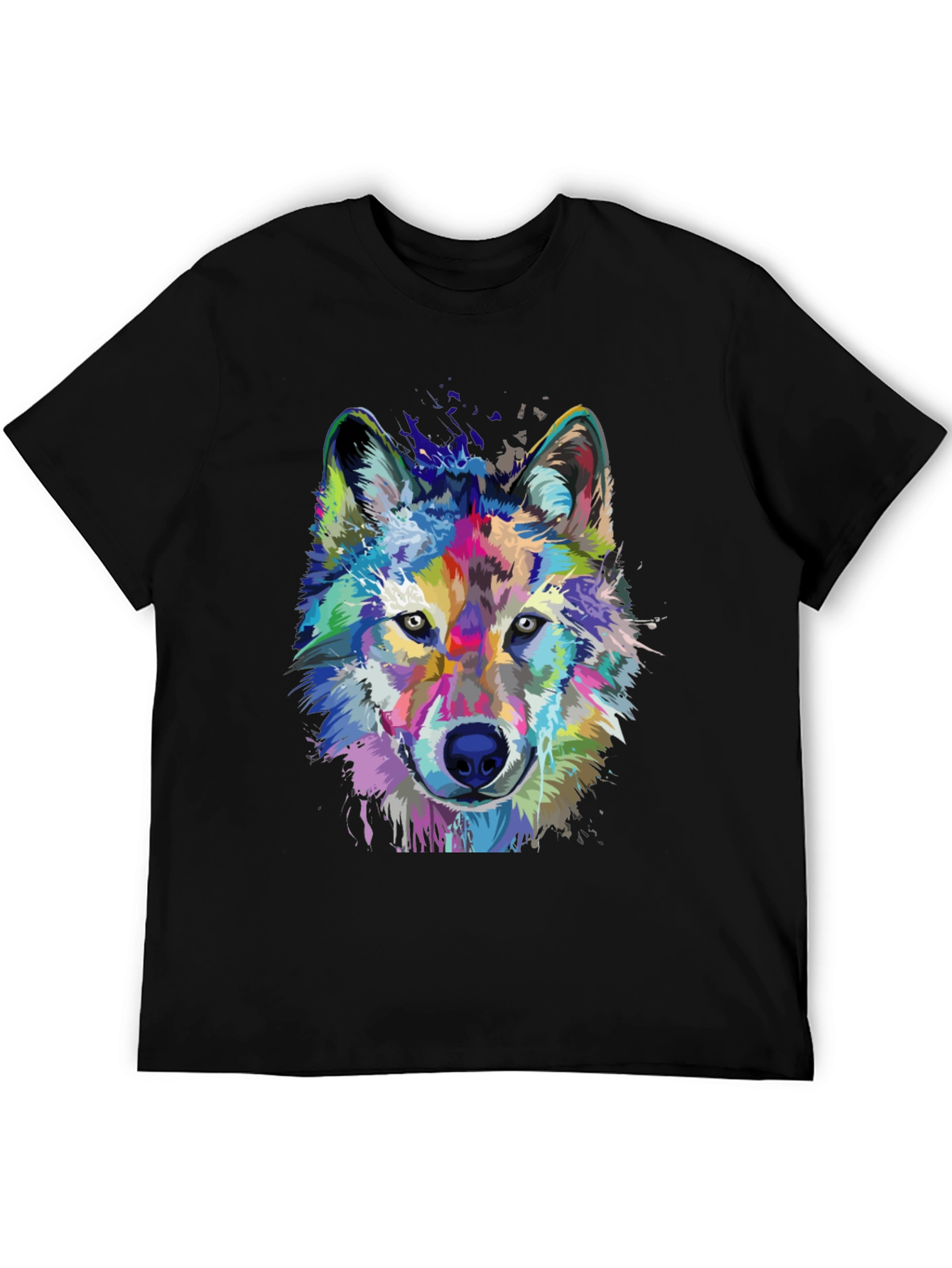 Vibrant Wolf Graphic Print Black T-Shirt
