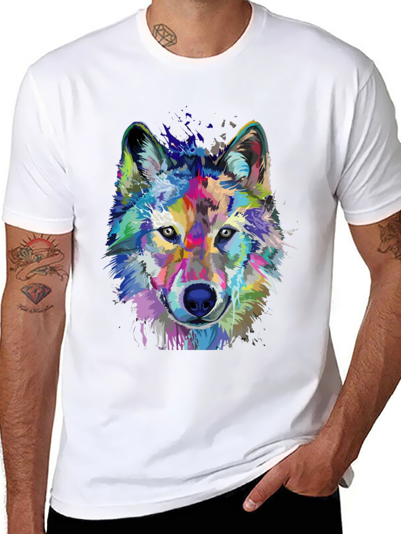 Vibrant Wolf Graphic Print Black T-Shirt