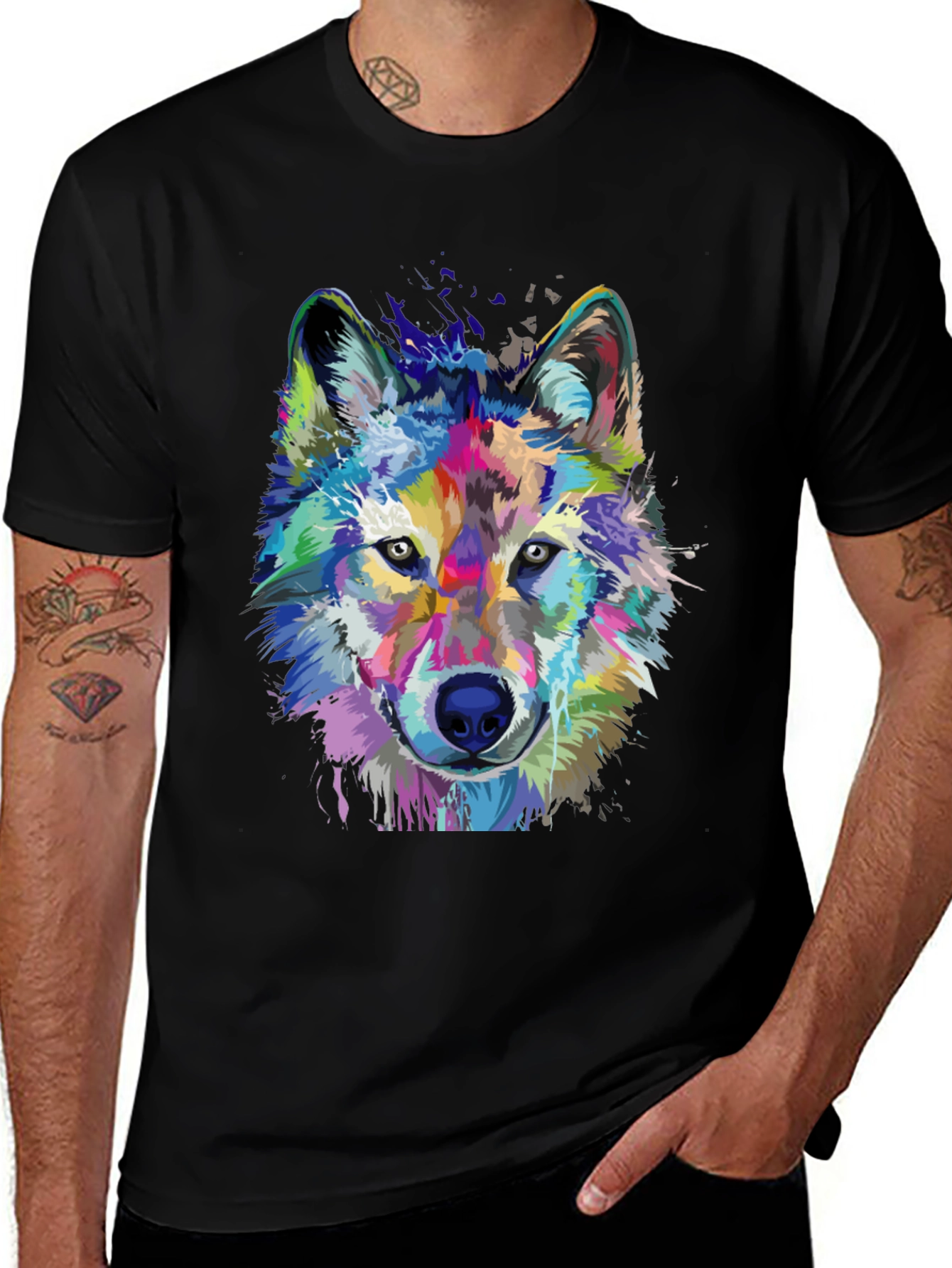 Vibrant Wolf Graphic Print Black T-Shirt