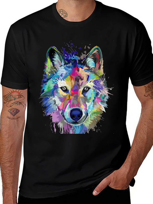 Vibrant Wolf Graphic Print Black T-Shirt