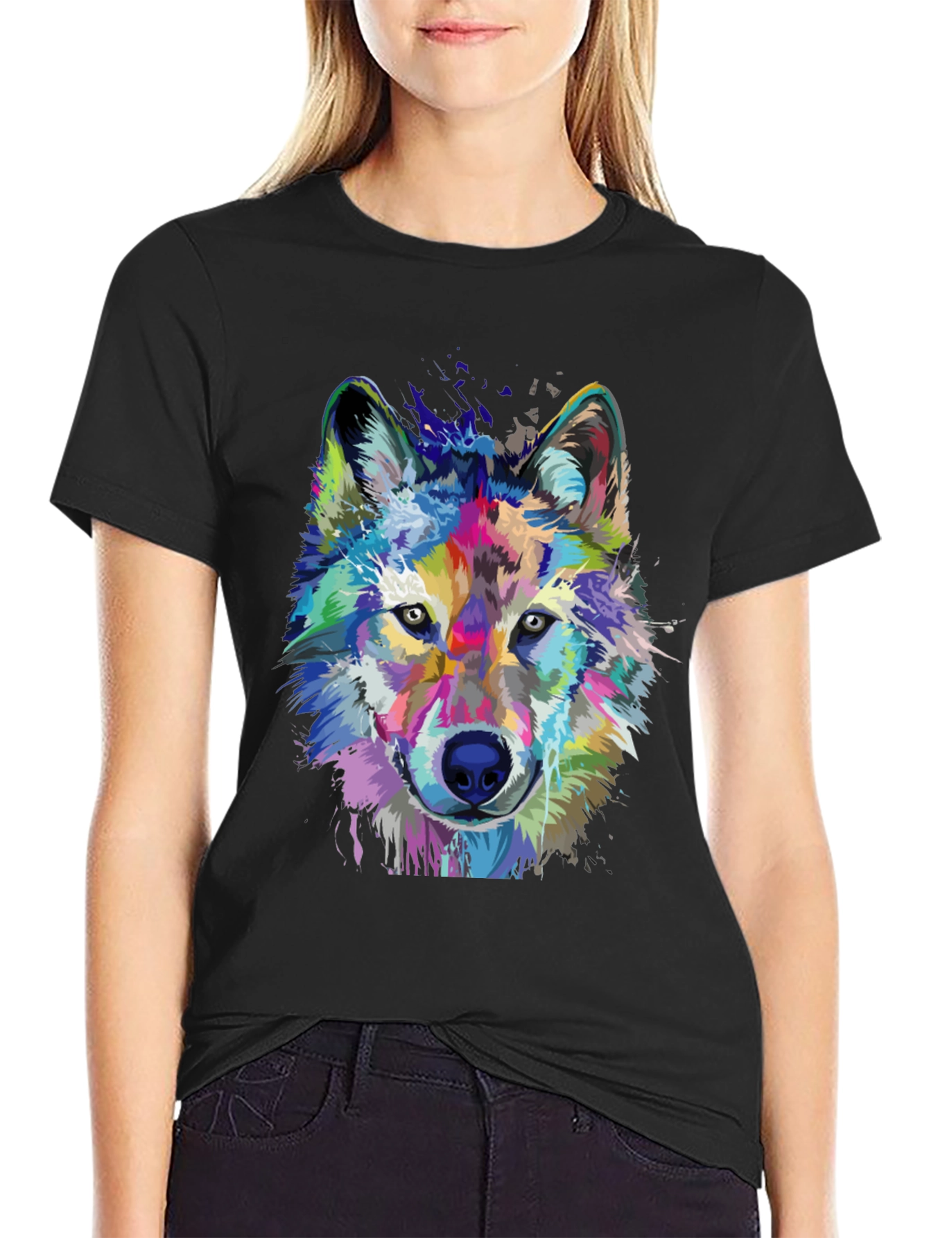 Vibrant Wolf Graphic Print Black T-Shirt
