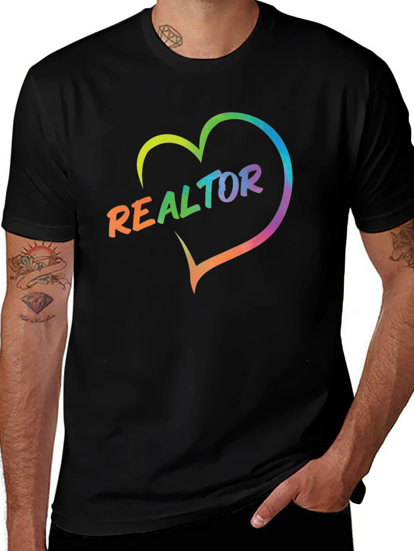 Realtor Rainbow Heart Graphic Tee - Black