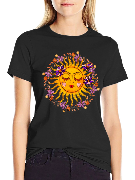 Floral Sun Graphic Tee - Black Cotton Comfort