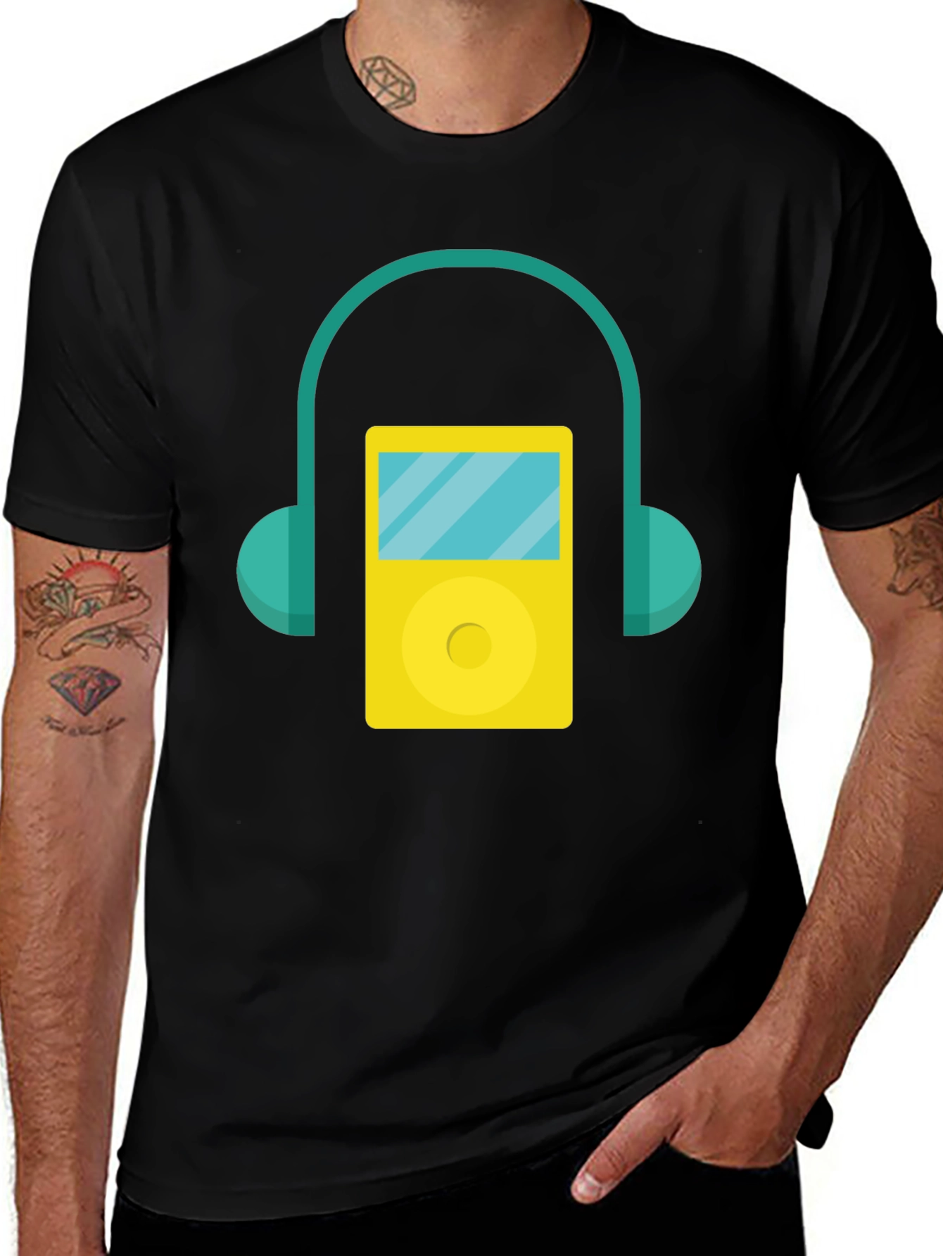 Retro Music Player Graphic Tee - Black Cotton T-Shirt