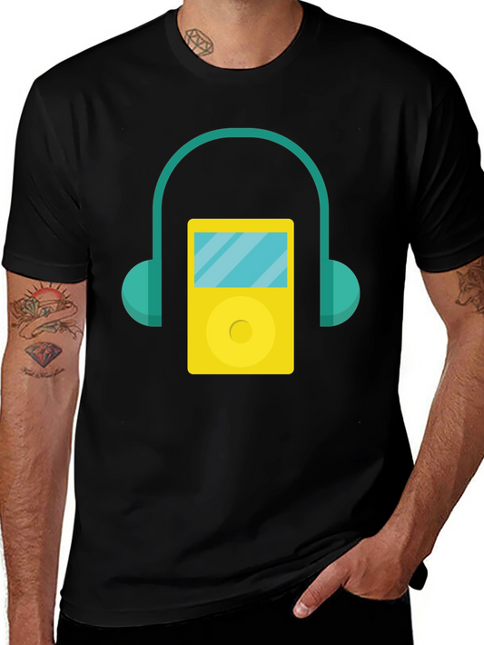 Retro Music Player Graphic Tee - Black Cotton T-Shirt