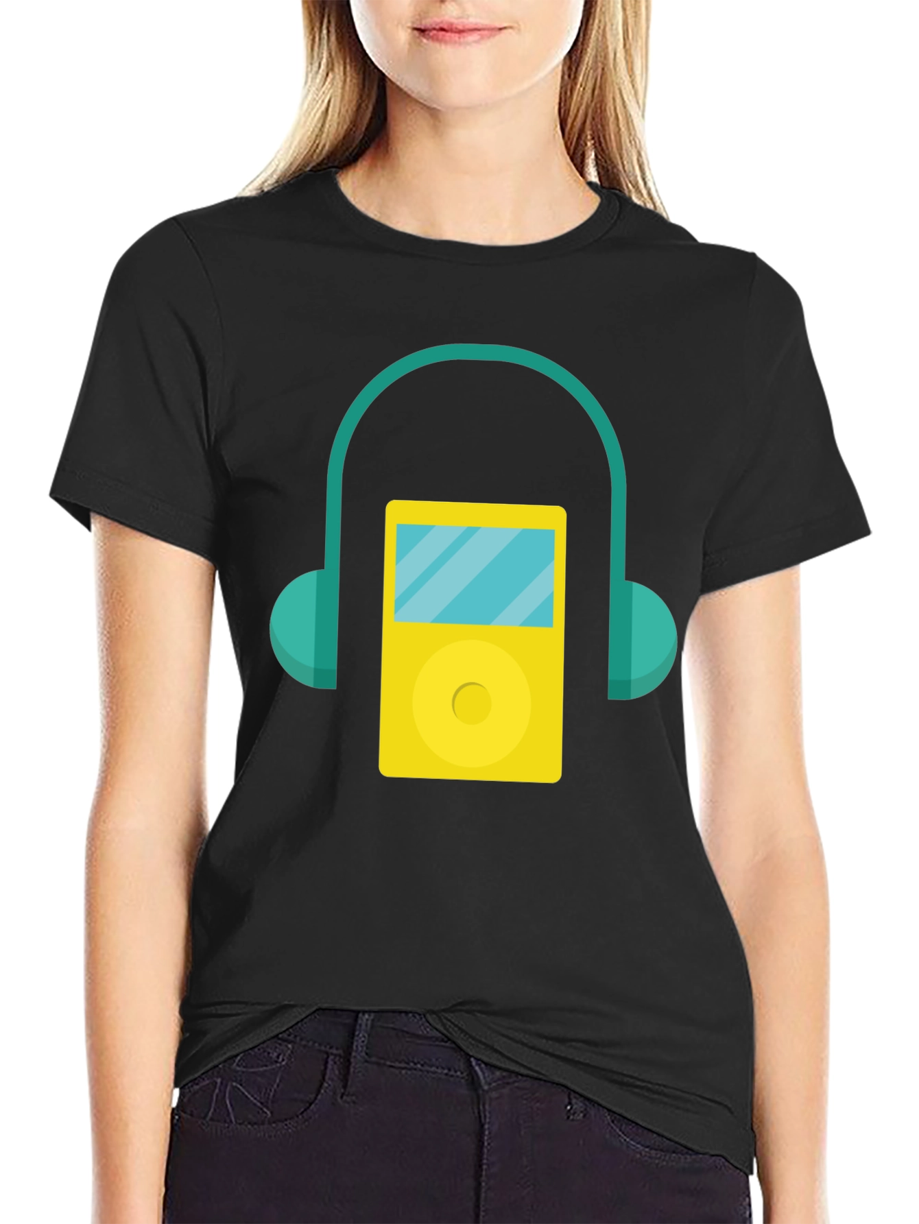 Retro Music Player Graphic Tee - Black Cotton T-Shirt