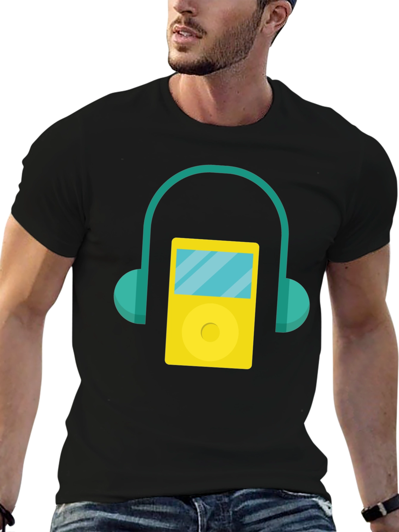 Retro Music Player Graphic Tee - Black Cotton T-Shirt