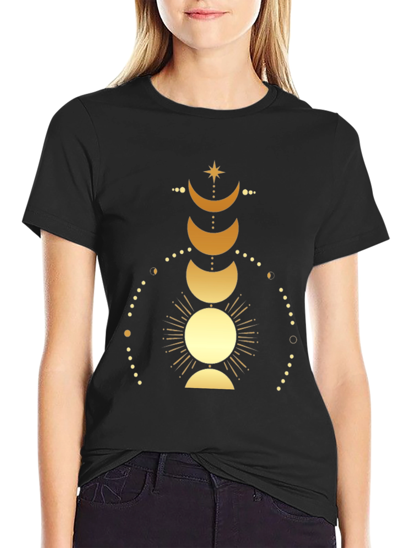 Celestial Moon Phases Graphic Tee - Black