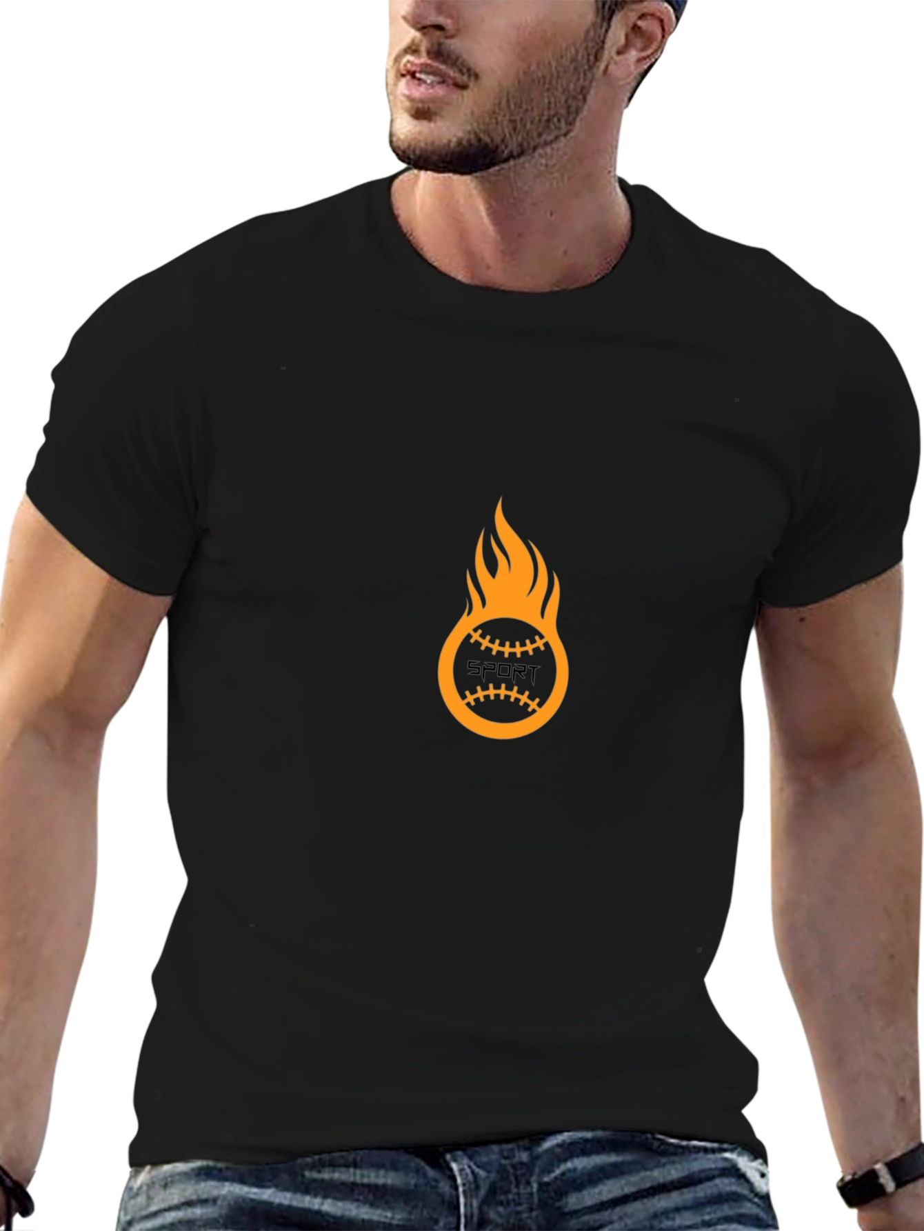 Mens Black Graphic Tee - Flaming Sport Ball