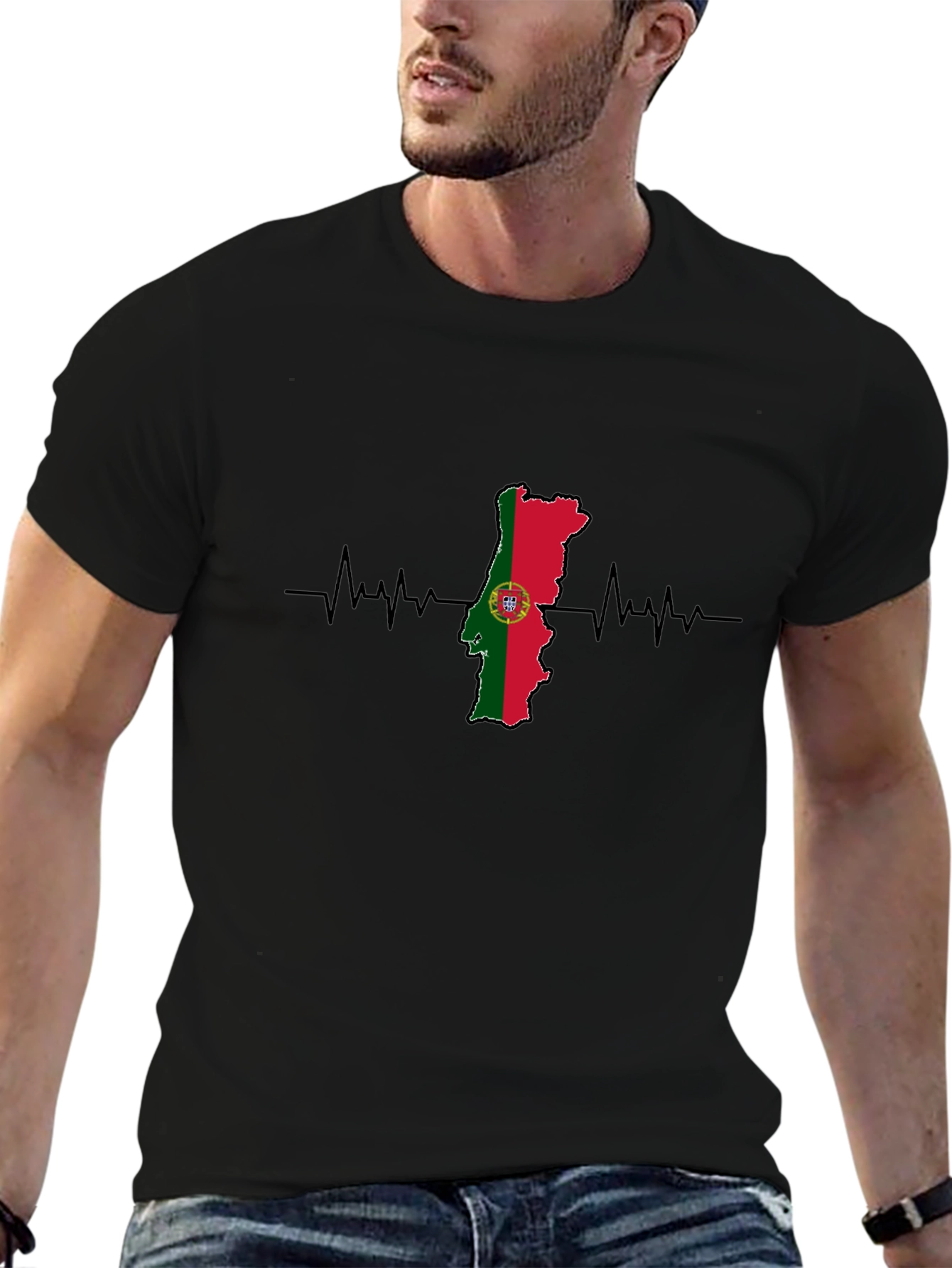 Portugal Flag Heartbeat Graphic Tee - Black