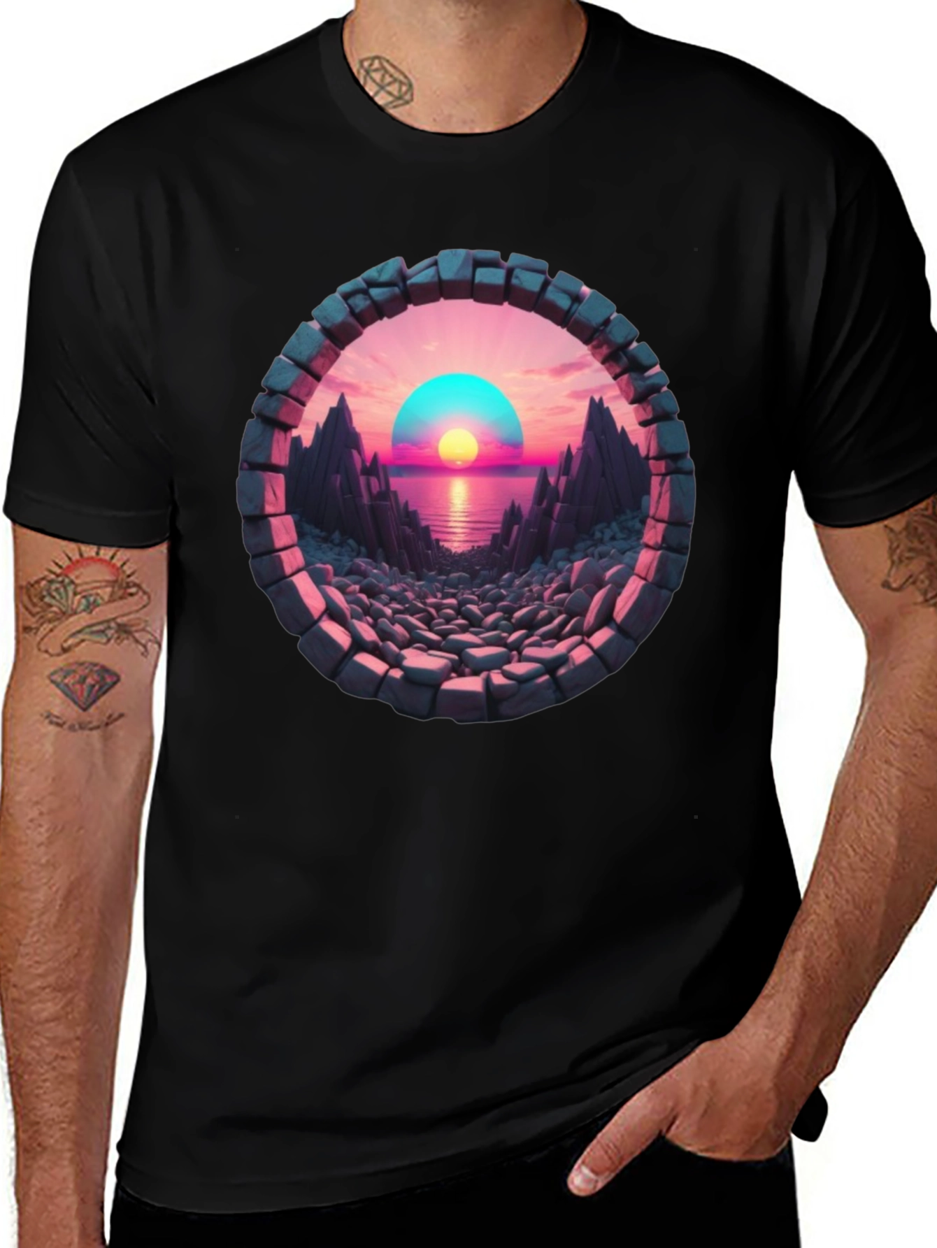 Sunset Portal Black T-Shirt - Unique Graphic Tee