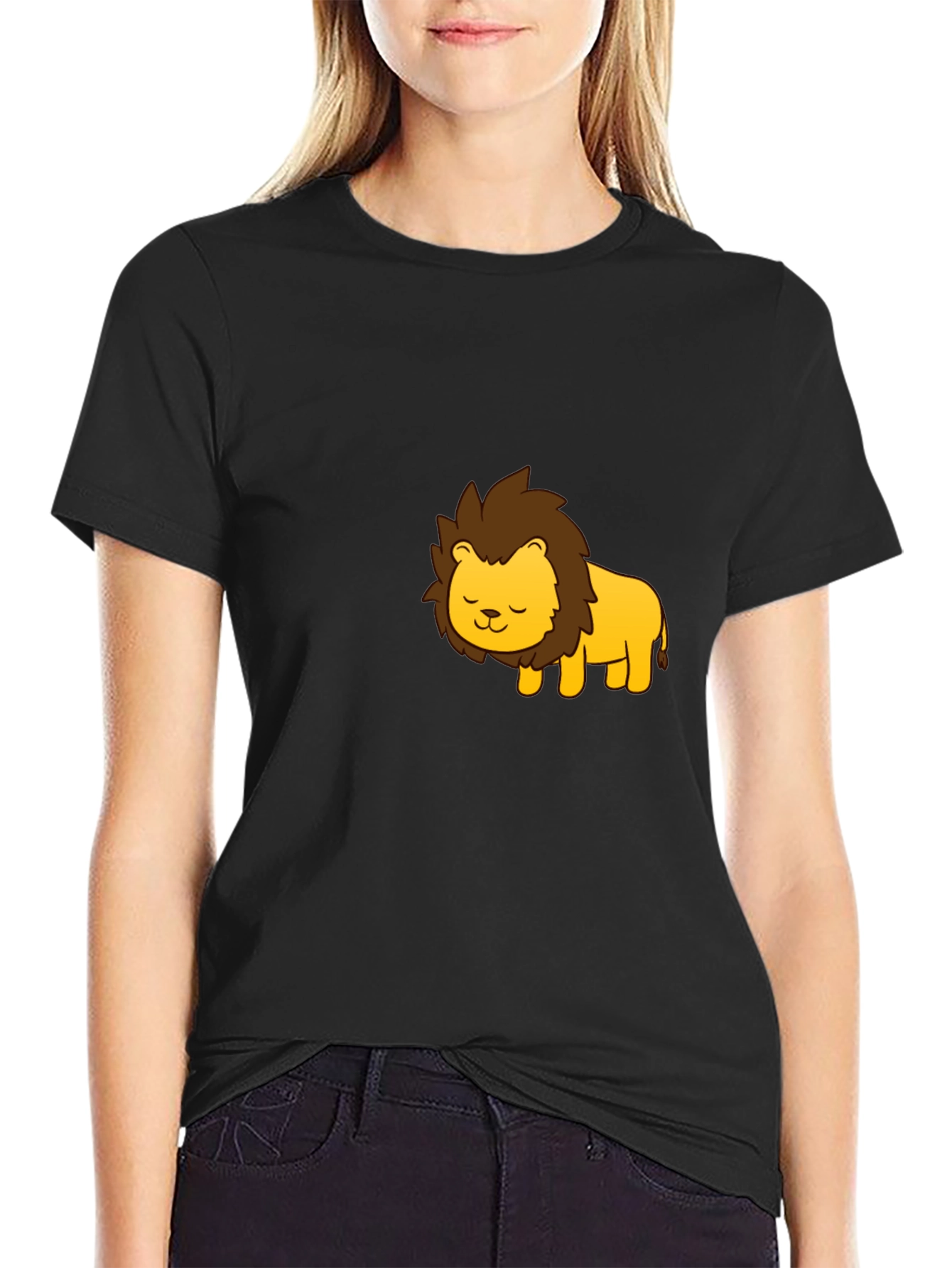 Cute Cartoon Lion Graphic Black T-Shirt