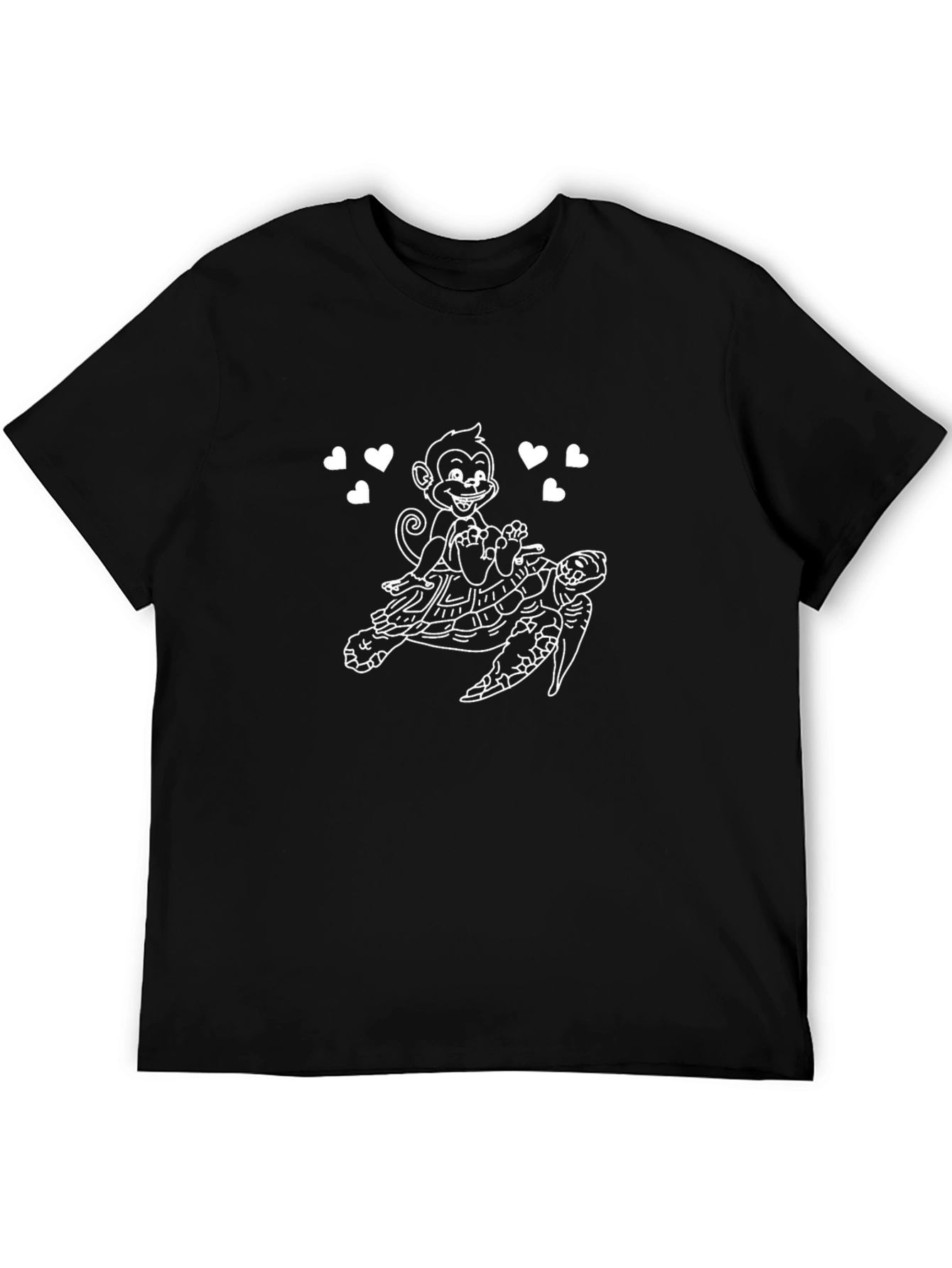 Monkey Riding Turtle Graphic Tee - Black Cotton T-Shirt