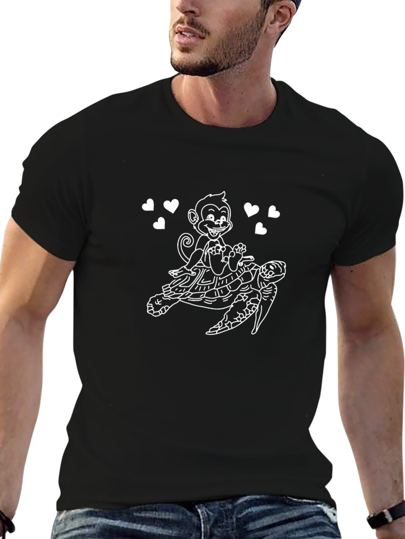 Monkey Riding Turtle Graphic Tee - Black Cotton T-Shirt