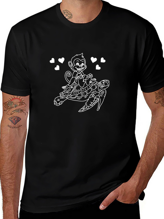 Monkey Riding Turtle Graphic Tee - Black Cotton T-Shirt
