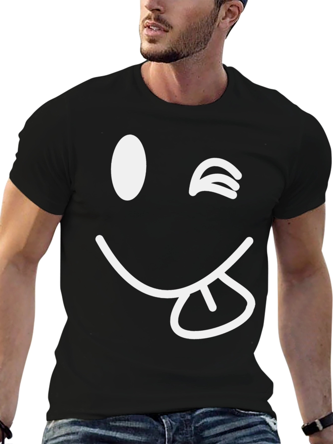 Winking Emoji Graphic Tee - Black Cotton Blend