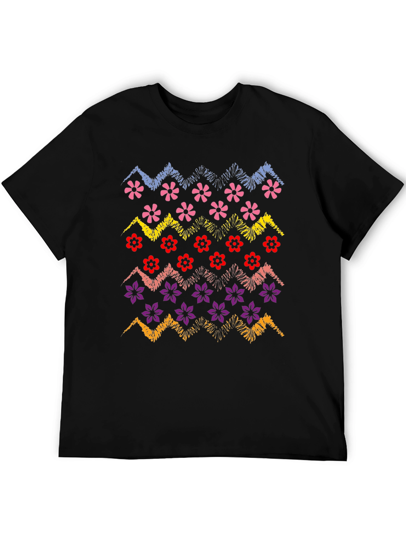 Floral Zig-Zag Graphic Print Black T-Shirt