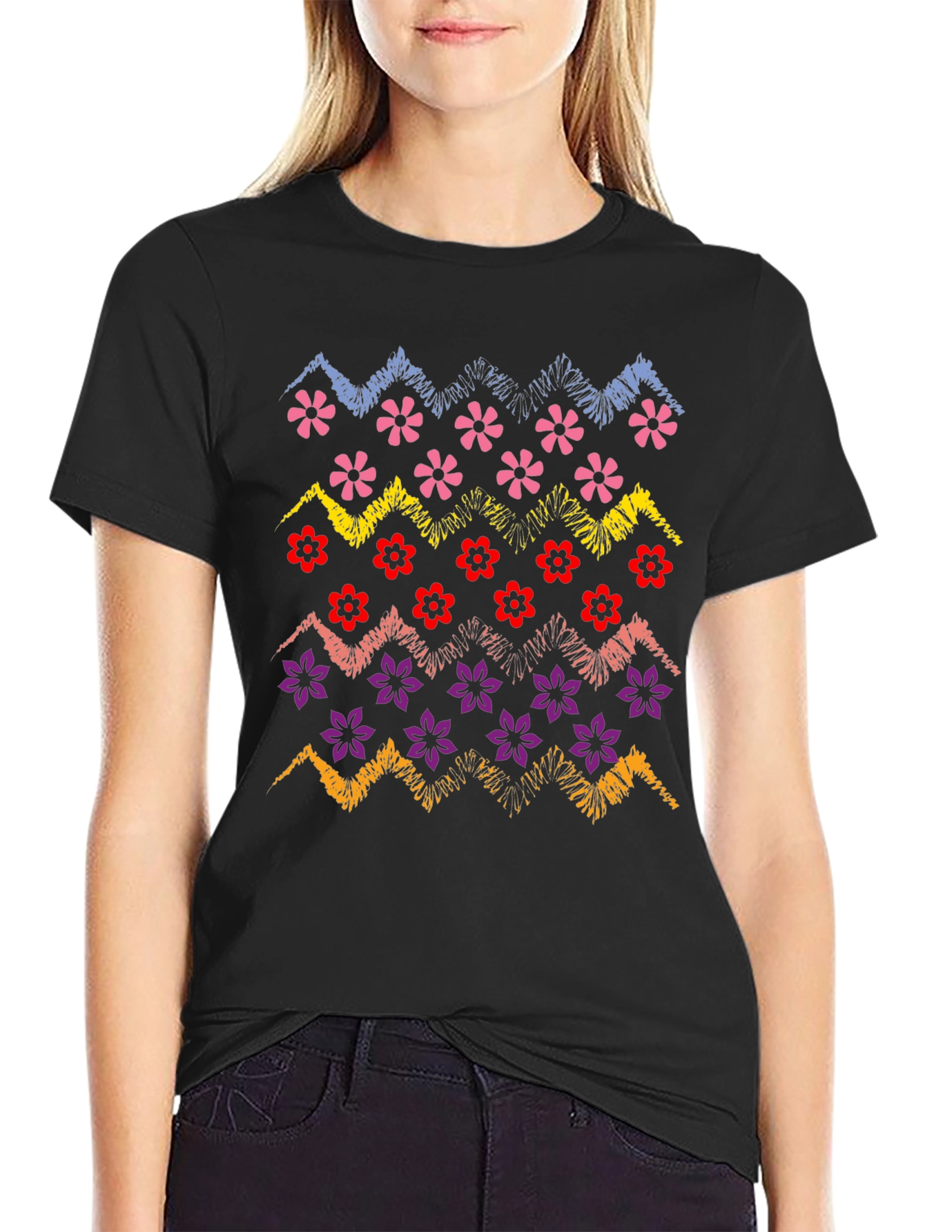 Floral Zig-Zag Graphic Print Black T-Shirt