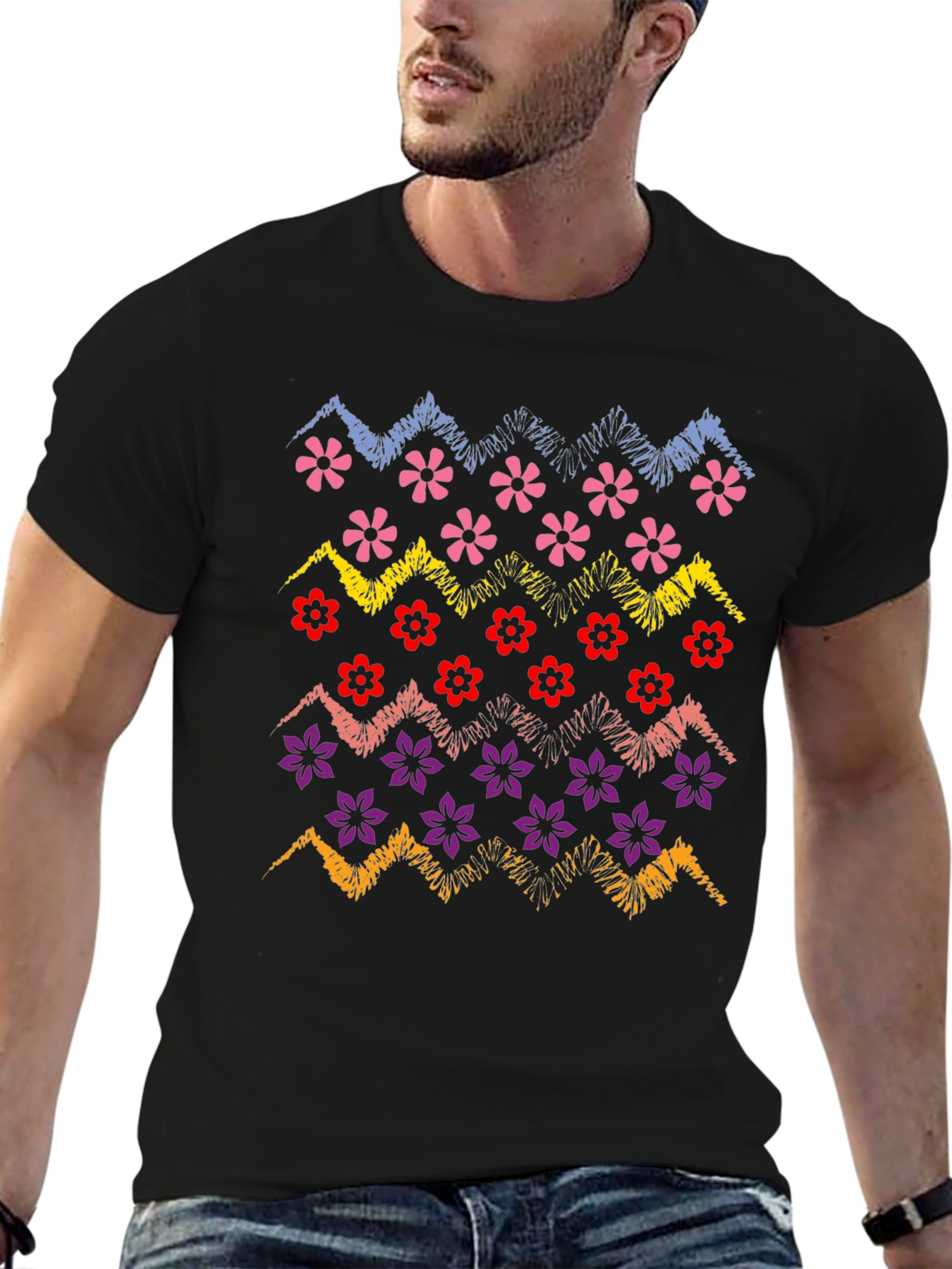 Floral Zig-Zag Graphic Print Black T-Shirt