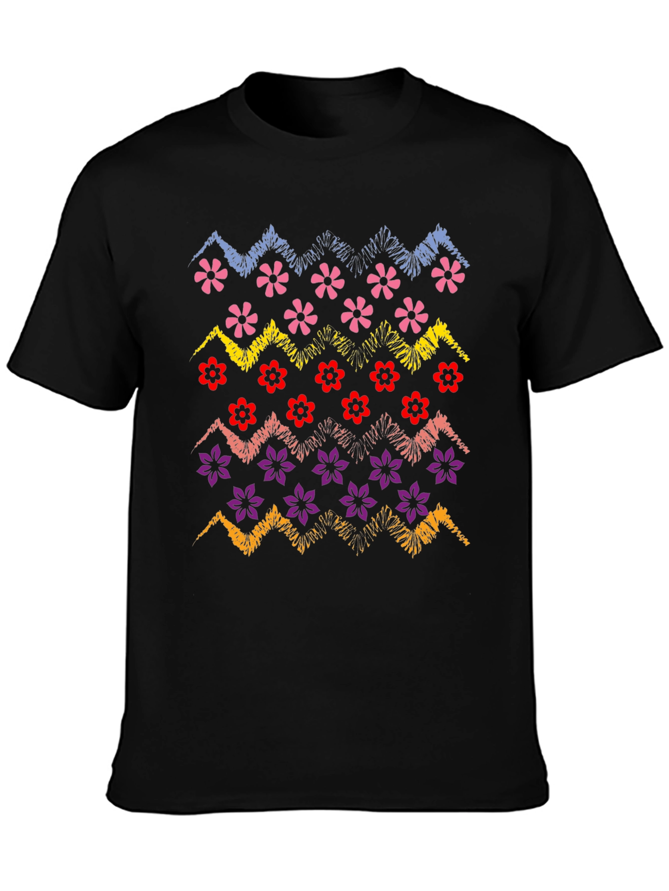 Floral Zig-Zag Graphic Print Black T-Shirt