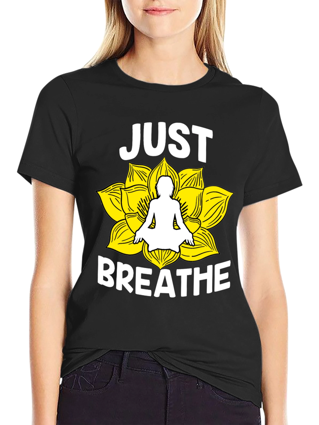 Just Breathe Yoga Lotus Flower Graphic T-Shirt