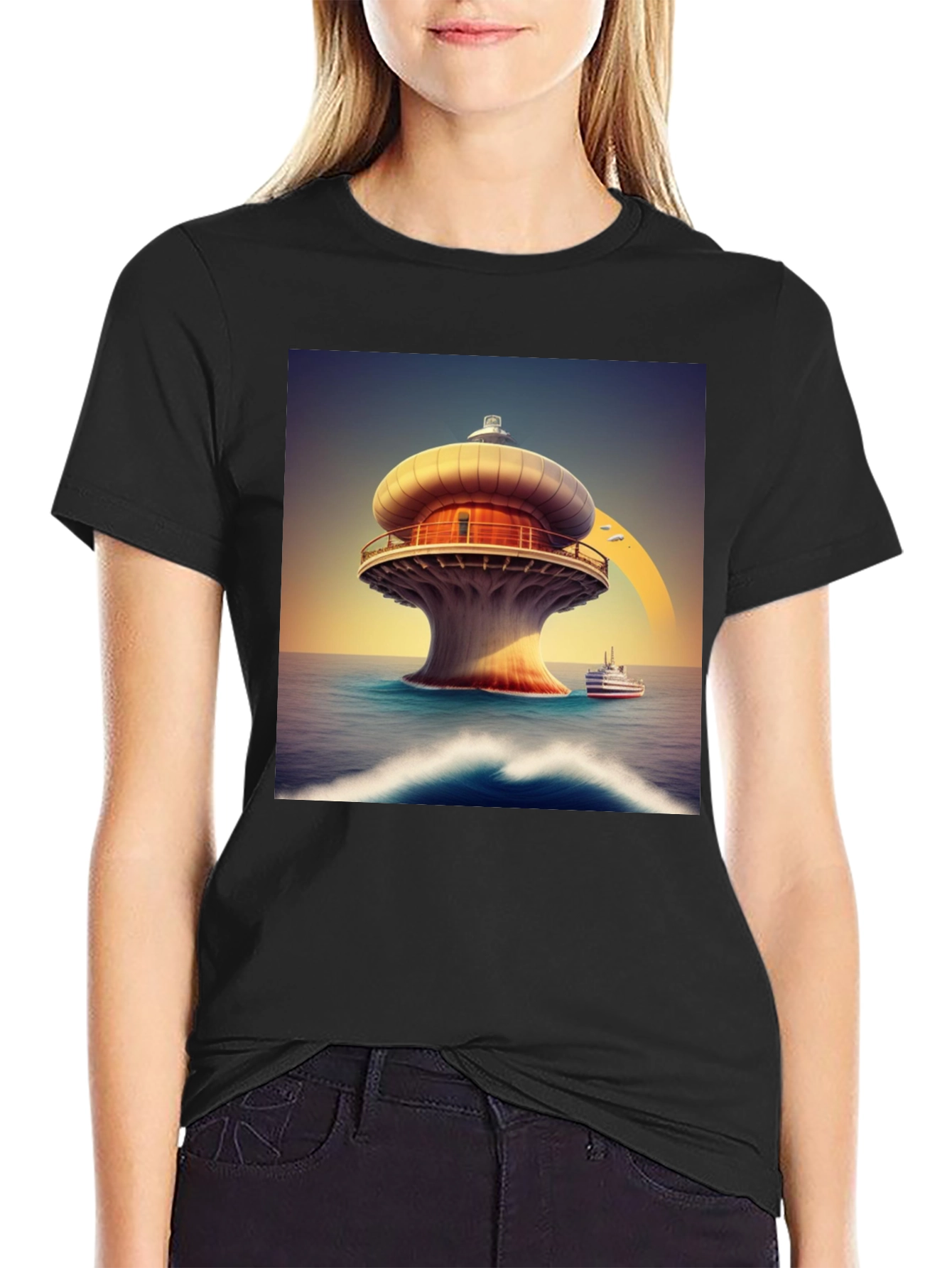 Modern Lighthouse T-Shirt - Black Graphic Tee