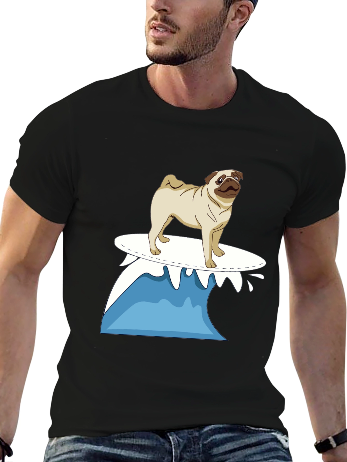 Surfing Pug Black T-Shirt