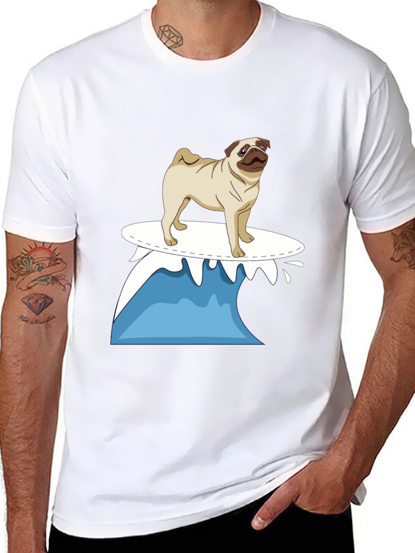 Surfing Pug Black T-Shirt
