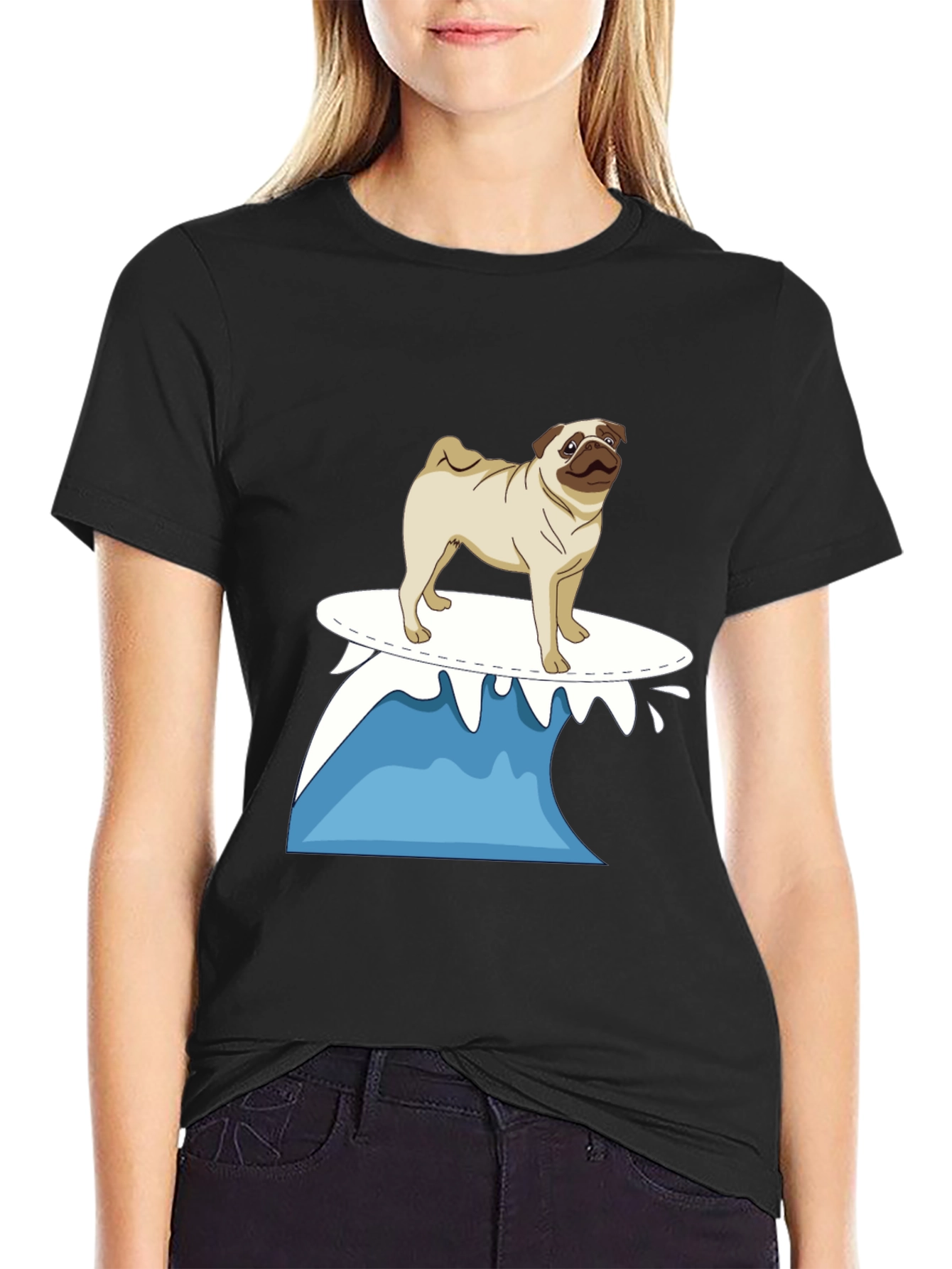 Surfing Pug Black T-Shirt