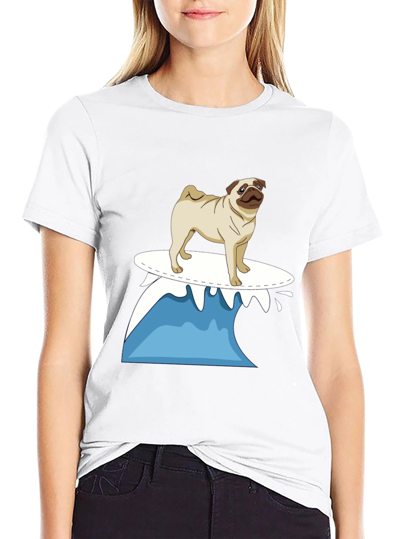 Surfing Pug Black T-Shirt