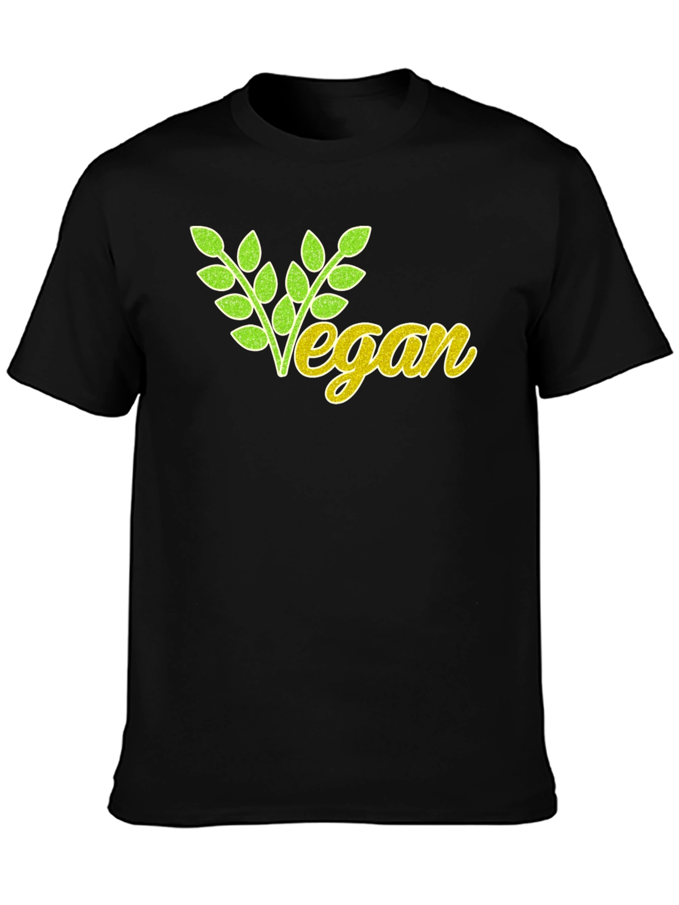 Vegan T-Shirt: Green & Yellow Leaf Design Black Cotton