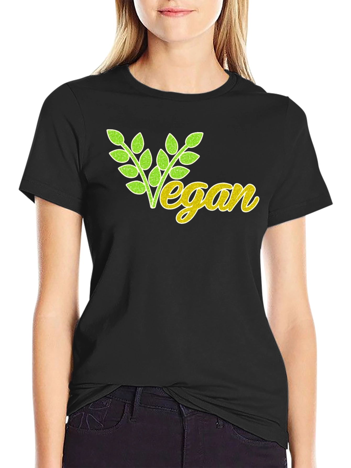 Vegan T-Shirt: Green & Yellow Leaf Design Black Cotton