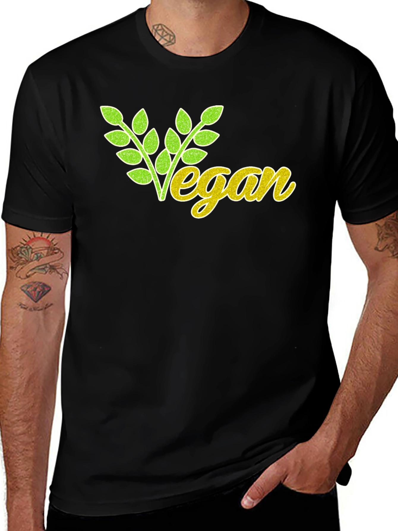 Vegan T-Shirt: Green & Yellow Leaf Design Black Cotton