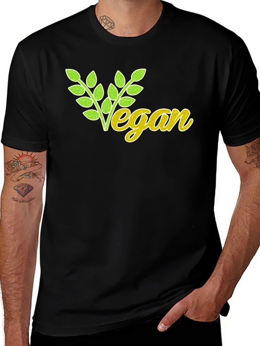 Vegan T-Shirt: Green & Yellow Leaf Design Black Cotton