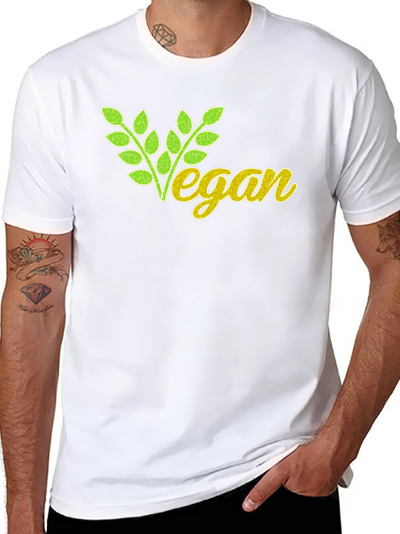 Vegan T-Shirt: Green & Yellow Leaf Design Black Cotton
