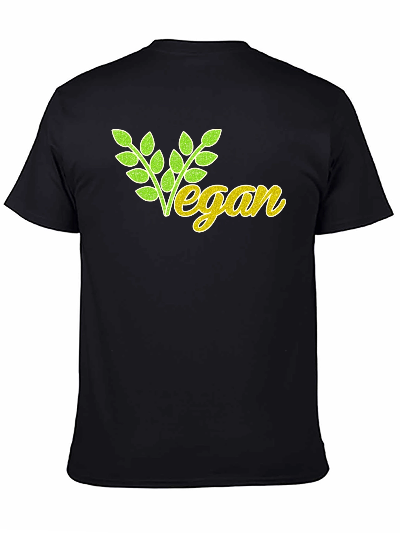 Vegan T-Shirt: Green & Yellow Leaf Design Black Cotton