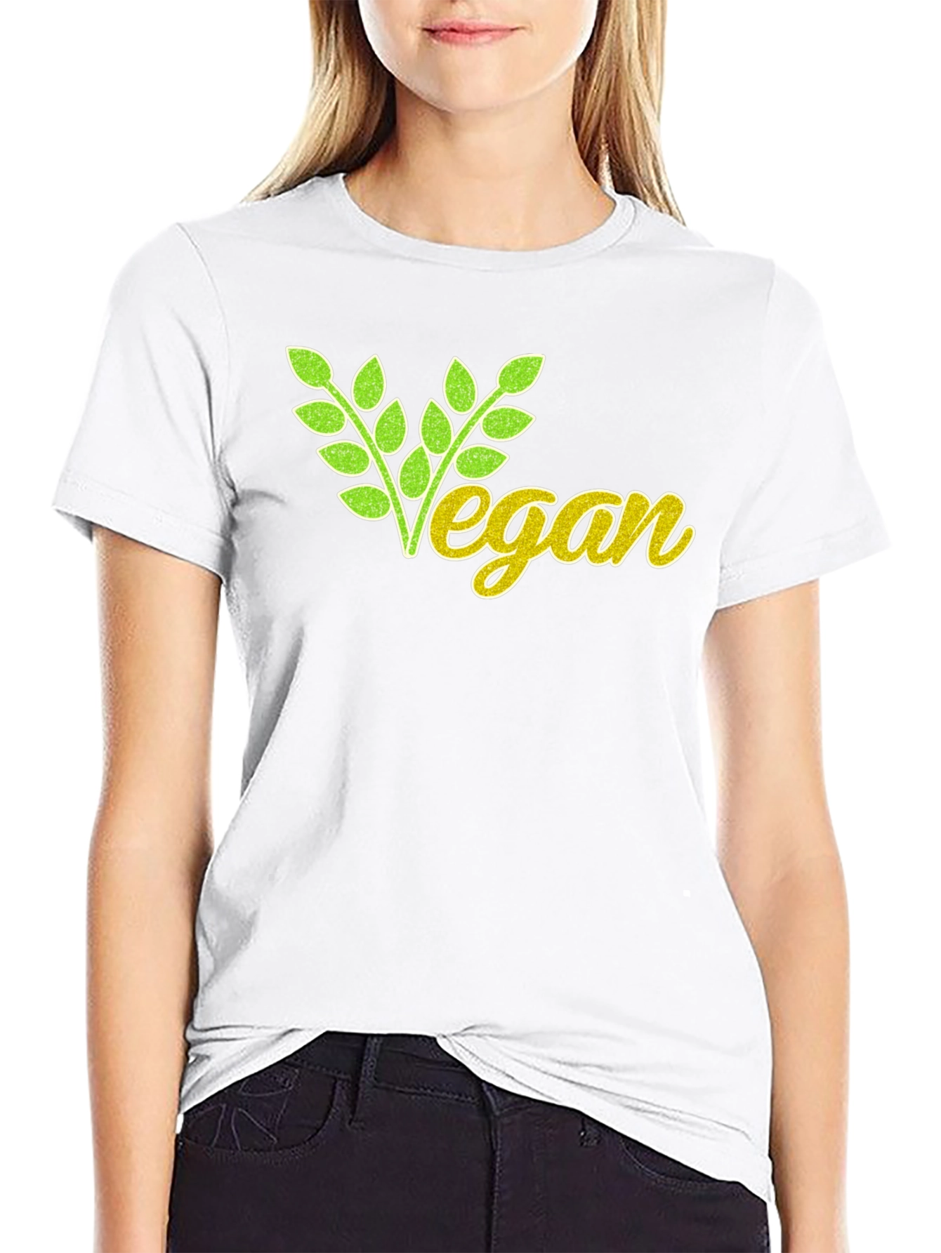 Vegan T-Shirt: Green & Yellow Leaf Design Black Cotton